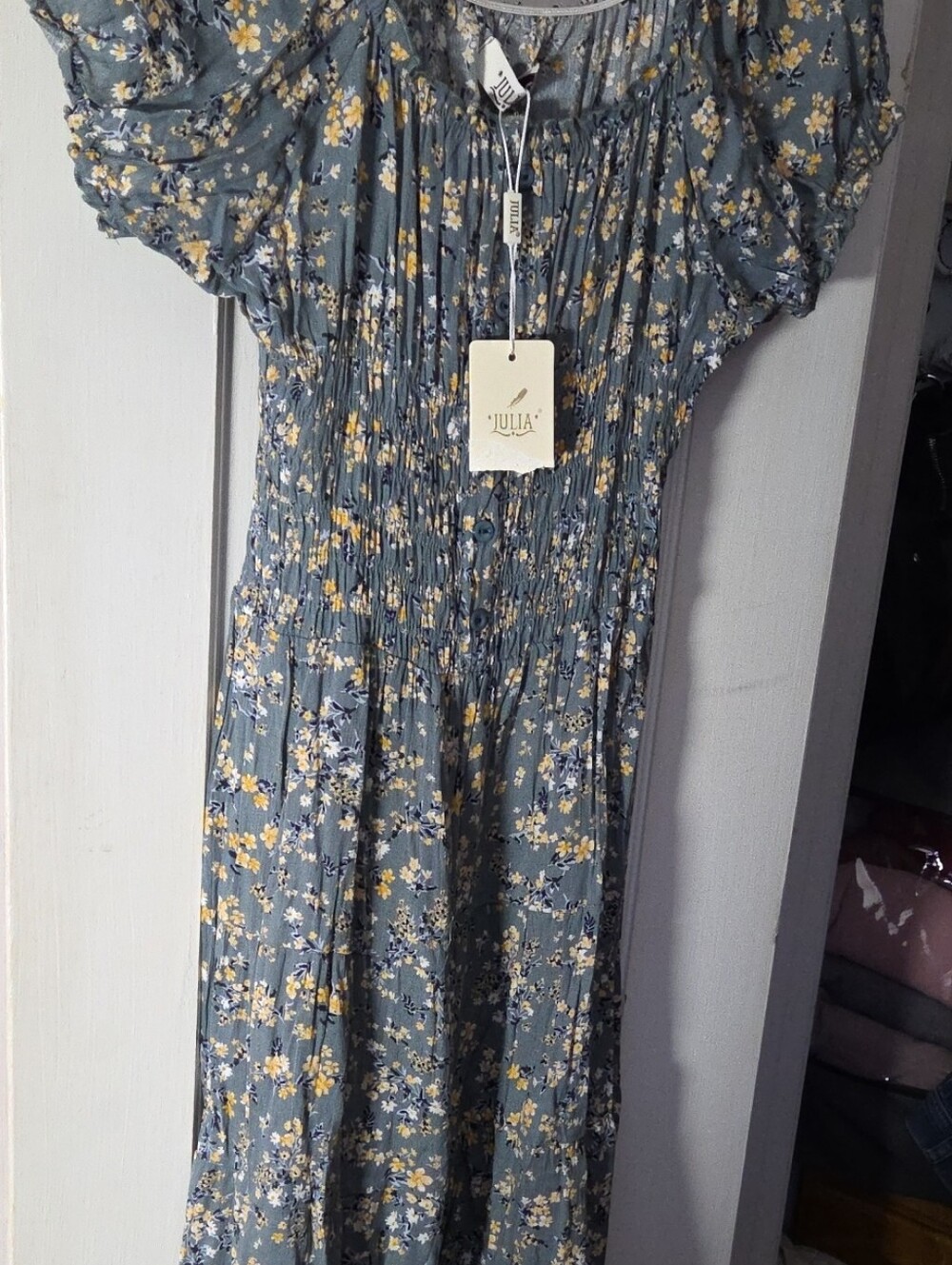 Women's Floral Smocked Maxi Dress - Green with Yellow Flowers